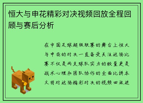 恒大与申花精彩对决视频回放全程回顾与赛后分析